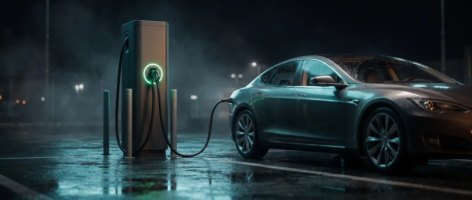 DC fast charging pillar connected to an electric car at night