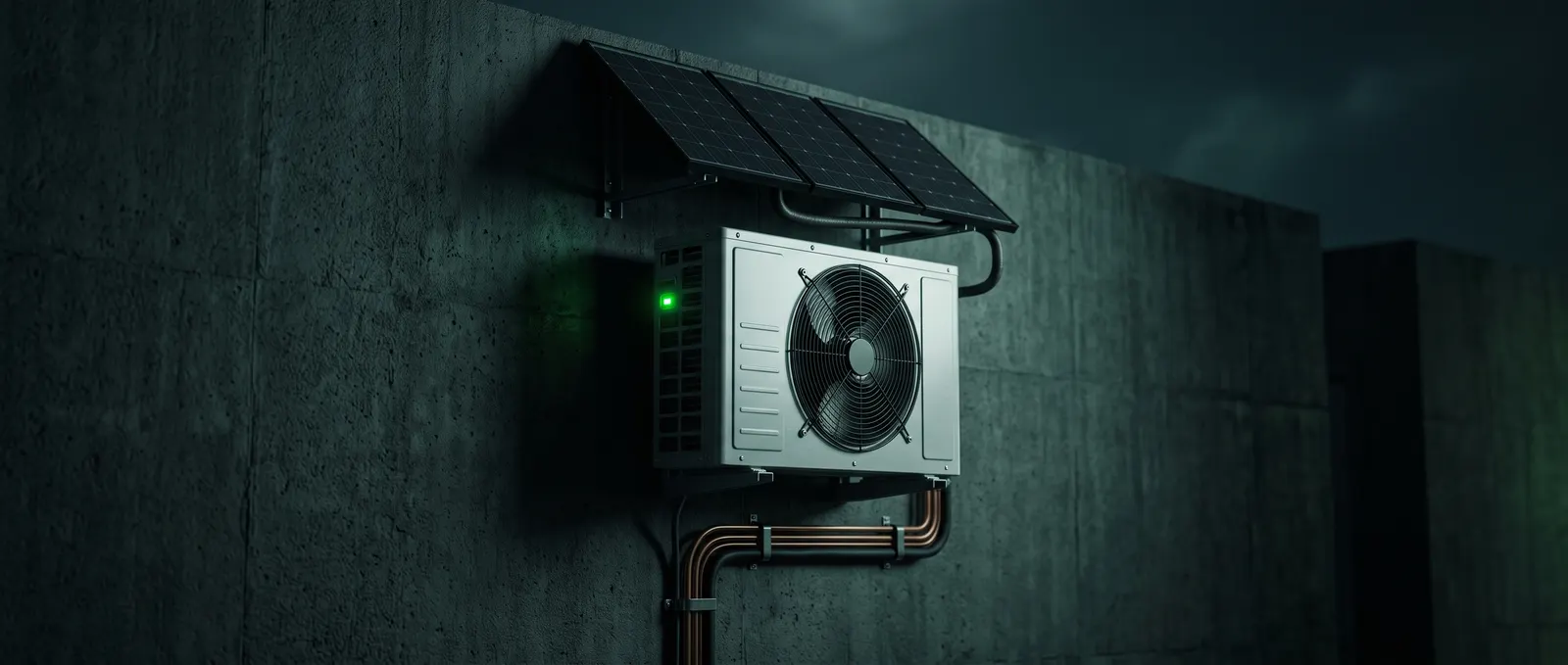 Solar-fed air conditioning condenser unit with photovoltaic panels above it