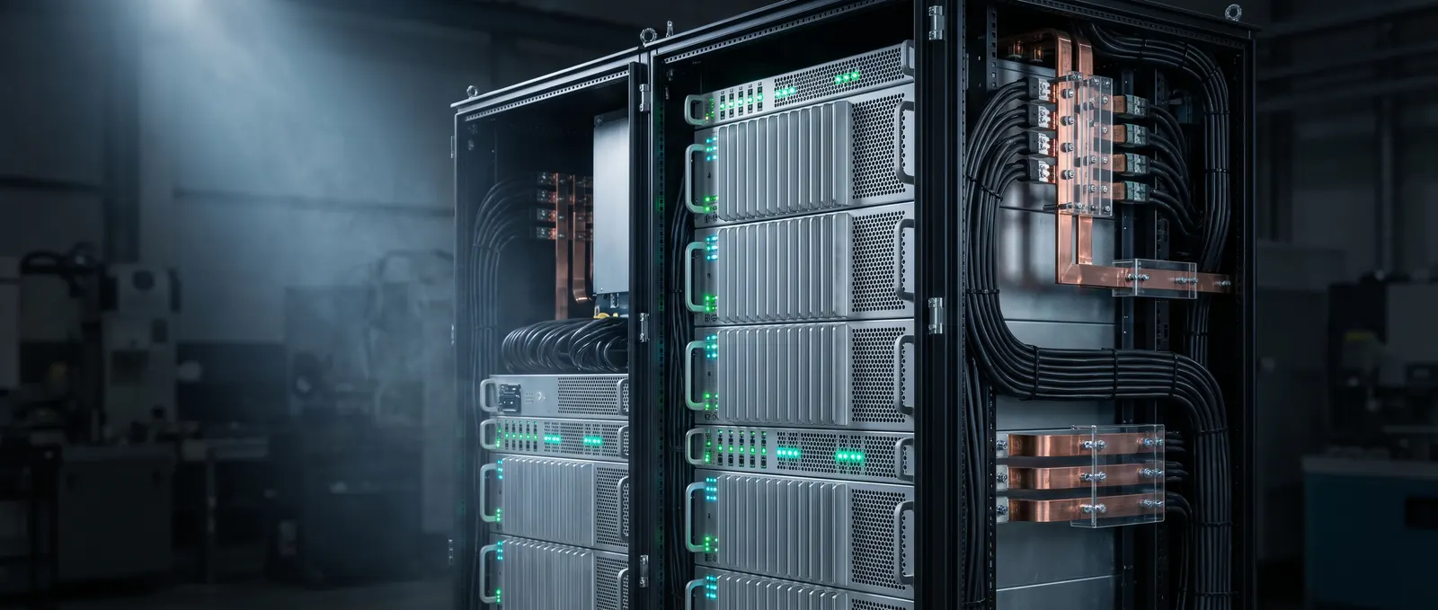 Rack-mounted power conversion modules inside an industrial cabinet