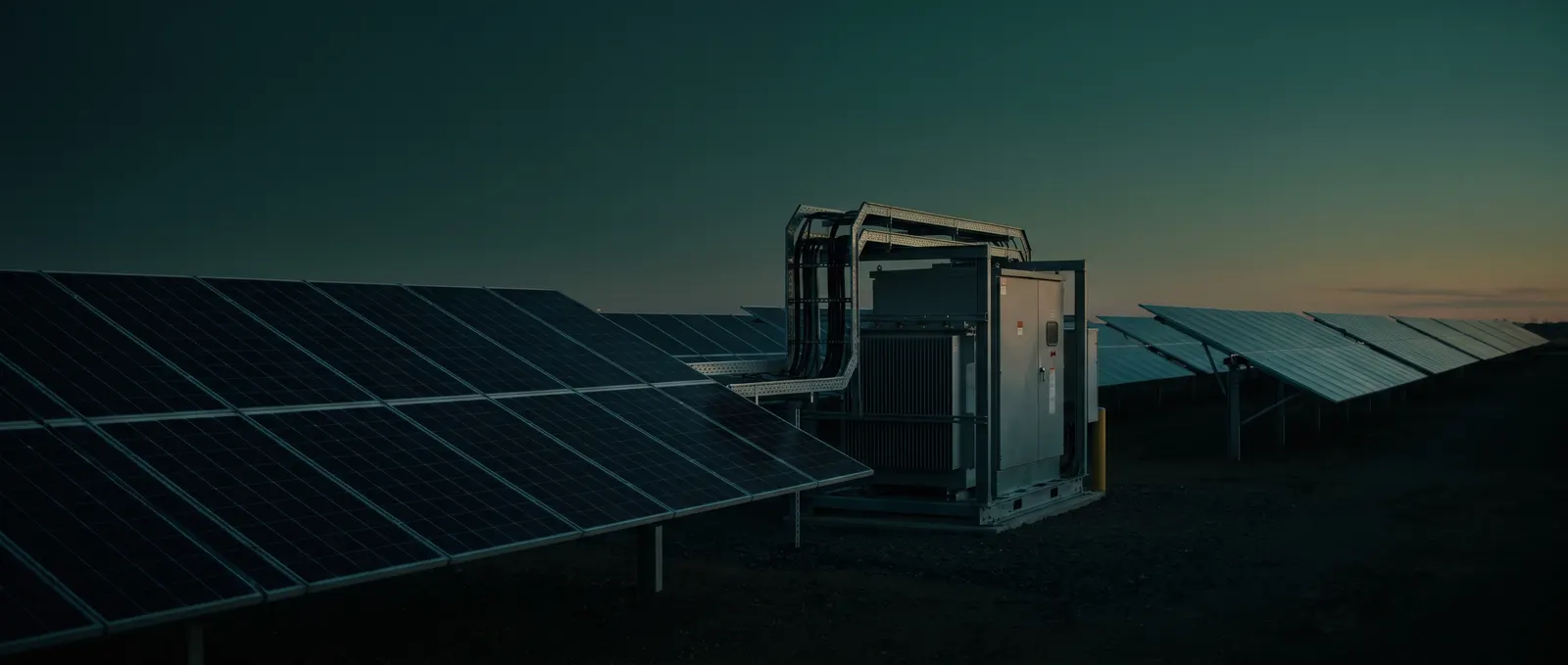 Ground-mount solar array with an inverter skid station at dusk